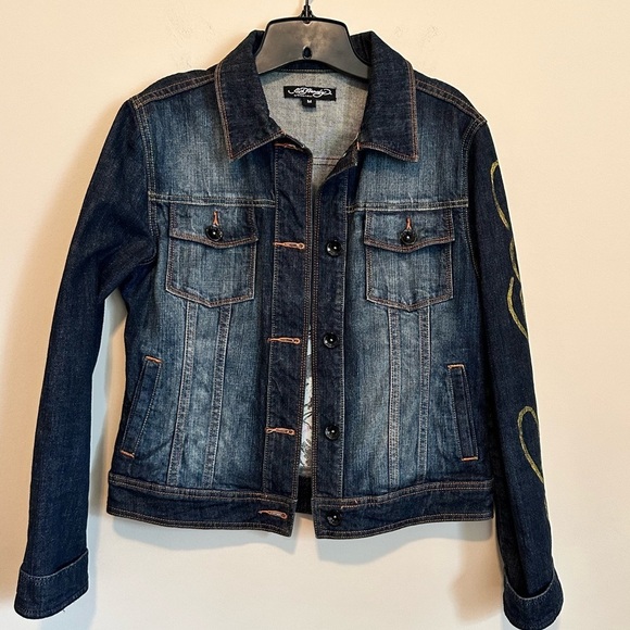 ED HARDY RHINESTONE TATTOO DENIM TRUCKER JACKET | Size Medium | EUC - Picture 2 of 9